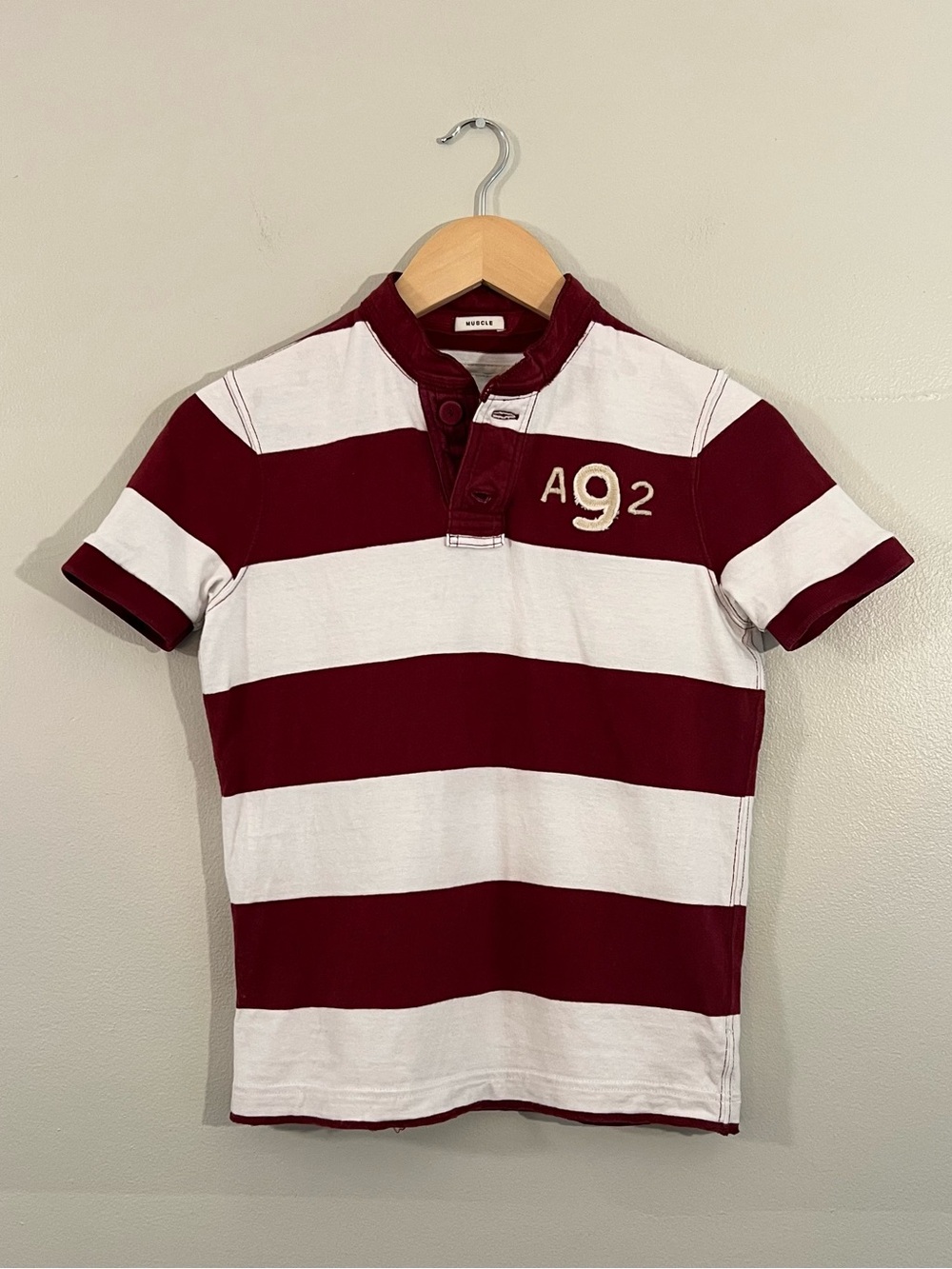 Y2K Abercrombie & Fitch burgundy white striped shirt 2000’s preppy collegiate